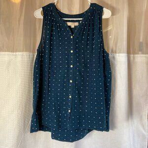 sleeveless Loft top, teal with geometric pattern, size L